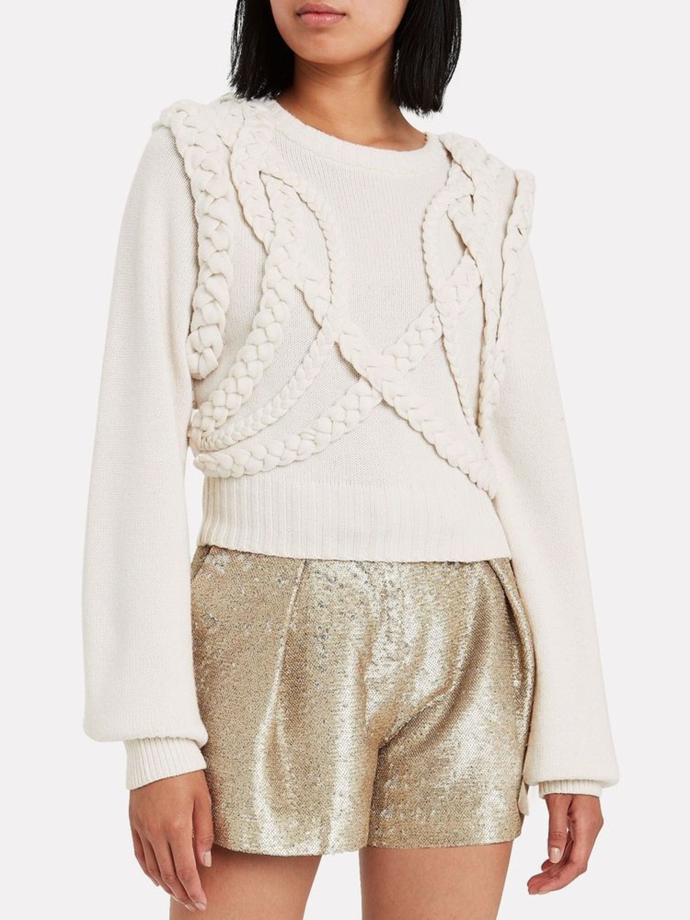Ronny Kobo Yeva Sweater White Cream 3D Braided Cropped Knit Pullover M